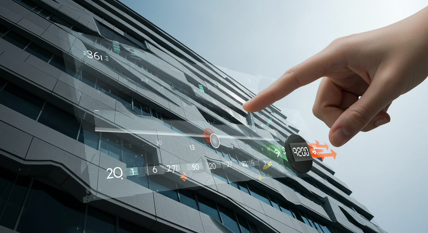 Interface digital de calendário sobreposta a foto de imóvel comercial, com dedo selecionando meses futuros e gerando valor em dinheiro, simbolizando antecipação de aluguel.
