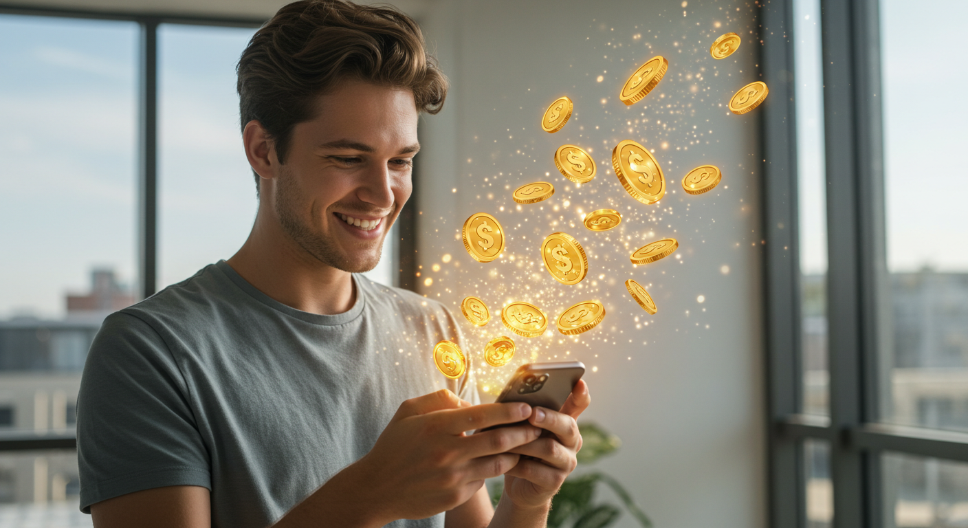 Empresário sorrindo enquanto um fluxo de moedas digitais douradas sai da tela do seu smartphone, simbolizando capital de giro.