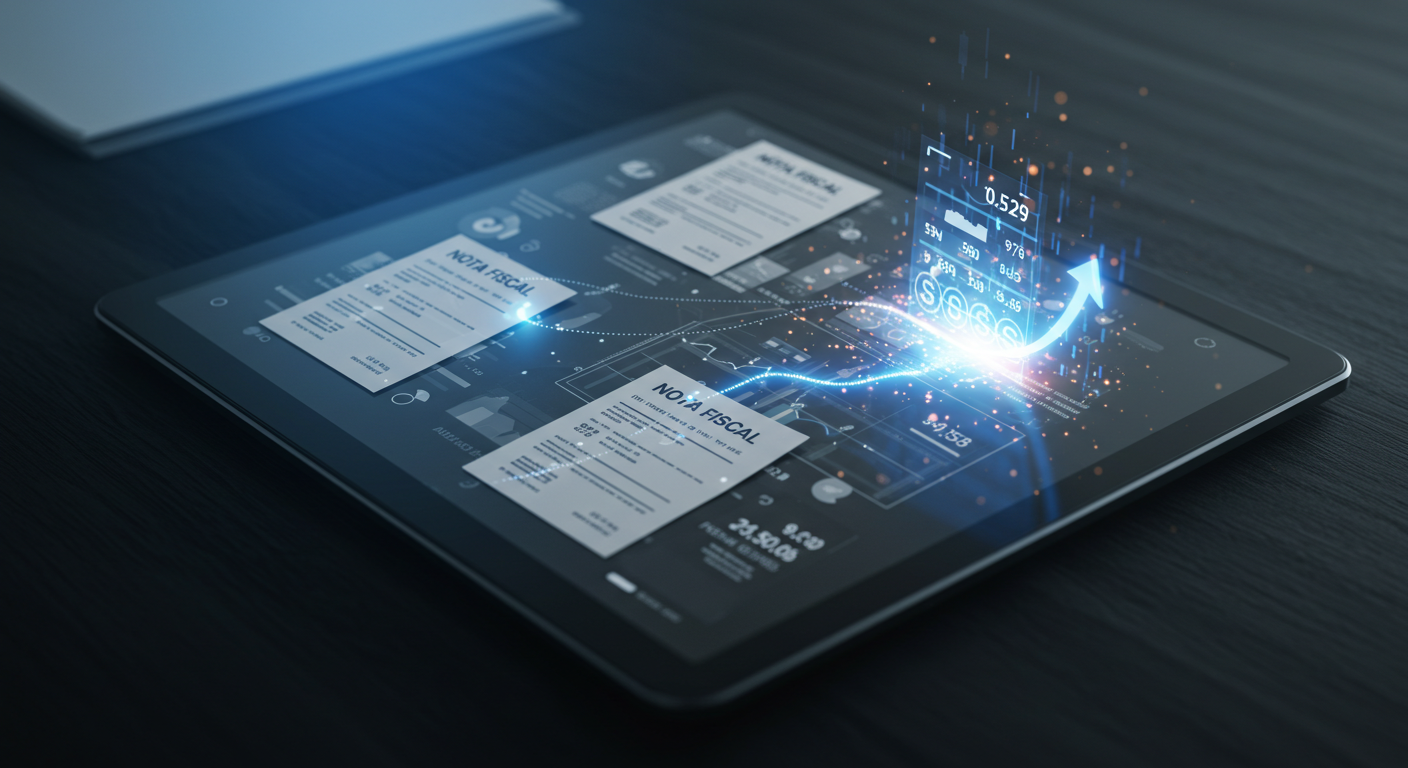 Representação digital de notas fiscais conectadas visualmente a um saldo bancário crescente em um tablet, simbolizando a antecipação de duplicatas.