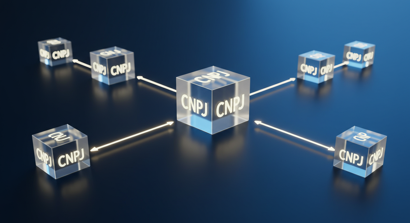 Infográfico 3D com cubos interligados por fluxos de luz, representando a operação intercompany e a transferência de capital entre empresas de um grupo.