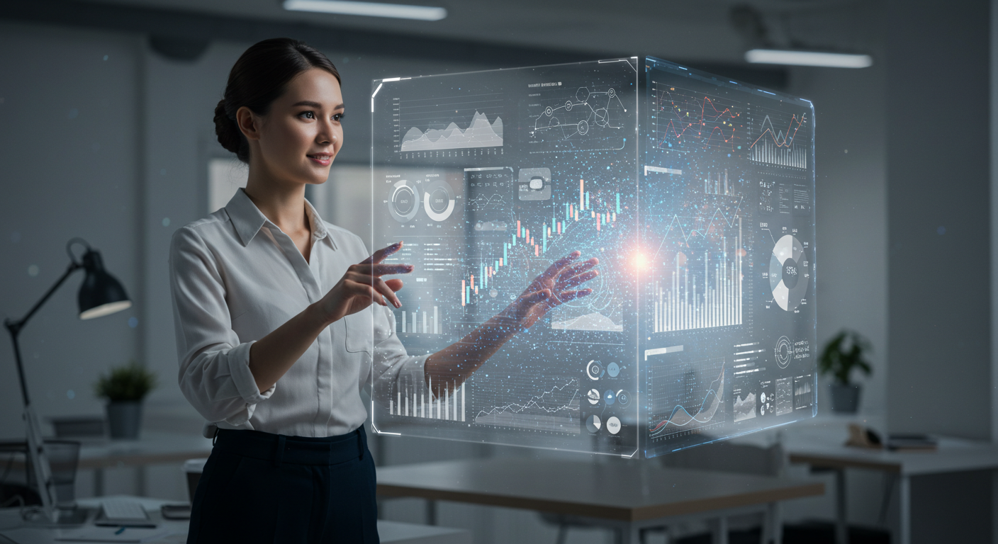 Mulher empreendedora confiante interagindo com interface holográfica mostrando dados financeiros em escritório moderno.
