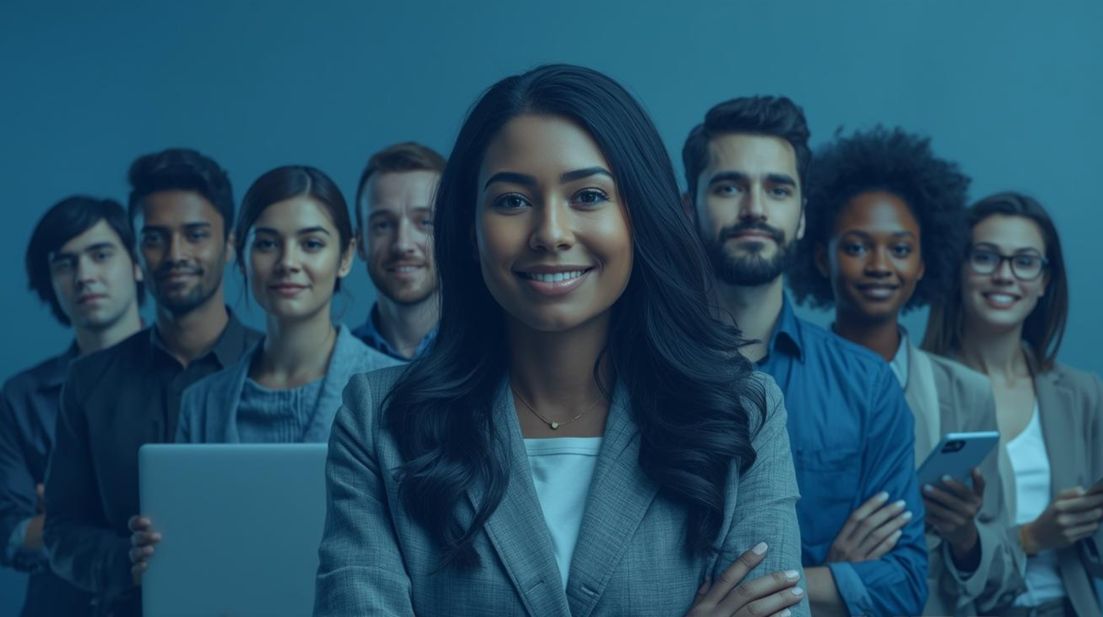 Grupo de profissionais diversos em ambiente corporativo moderno, simbolizando trabalhadores CLT e o público do Crédito do Trabalhador.