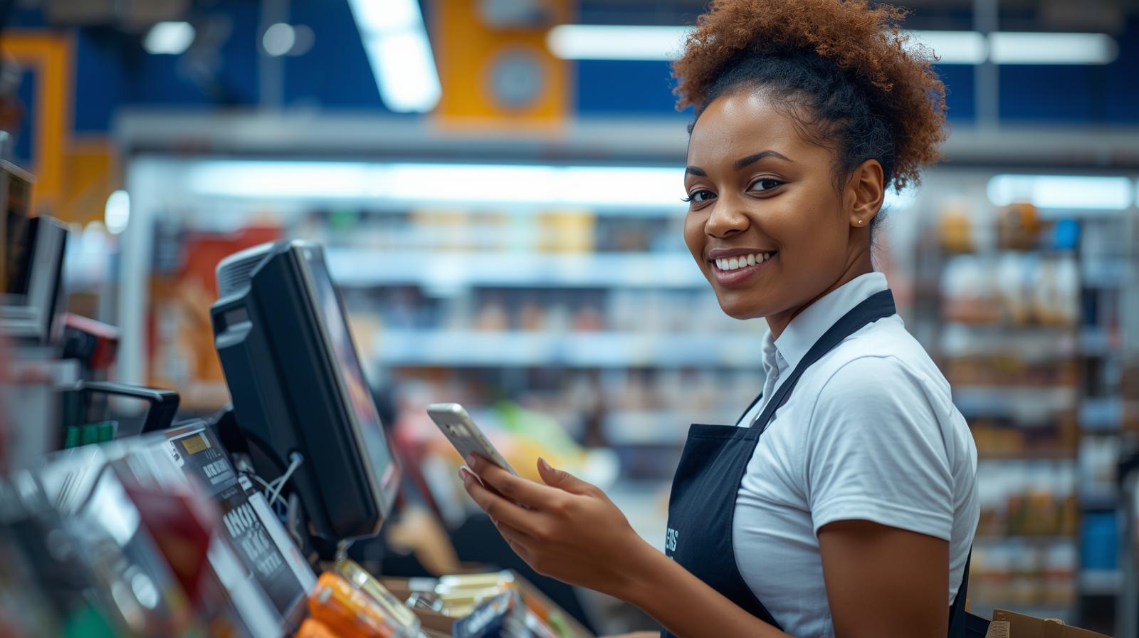 Atendente de mercado parda para branca sorrindo enquanto usa o celular no caixa do supermercado.