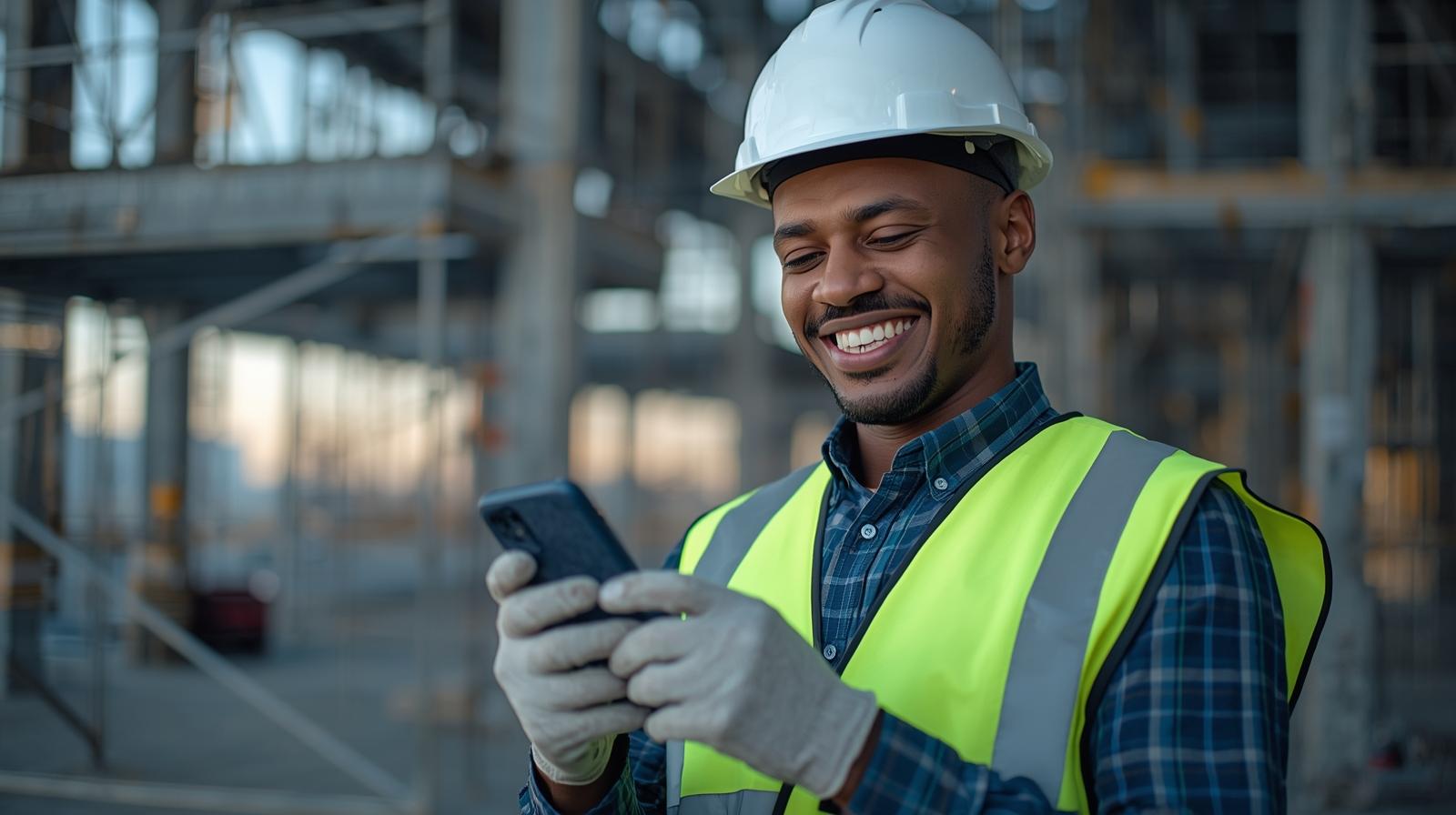 Operário da construção civil pardo sorrindo enquanto usa o celular no canteiro de obras.